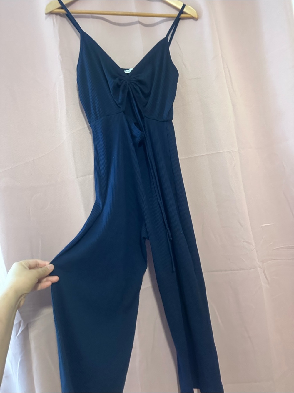 Lefties Women's Navy Ribbed Tie-Front Jumpsuit